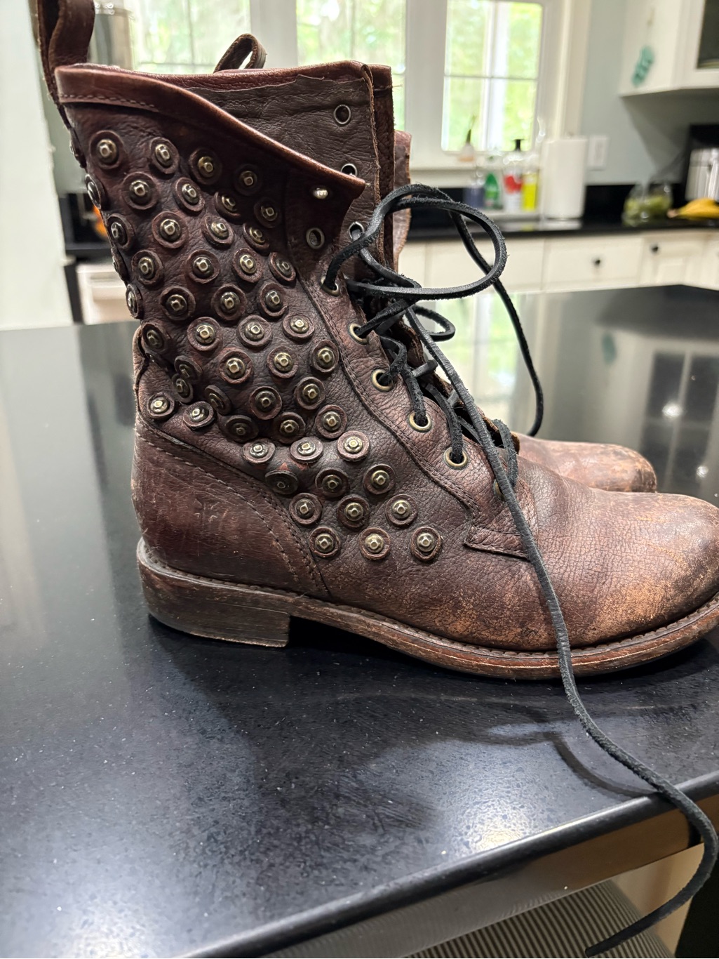 Frye Brown Leather Studded Combat Boots